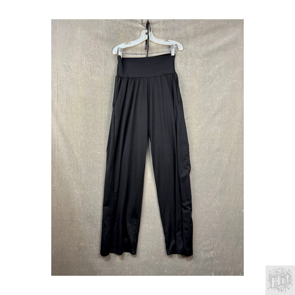 Black Wide-Leg Dress Pants with Elastic Waist and Pockets